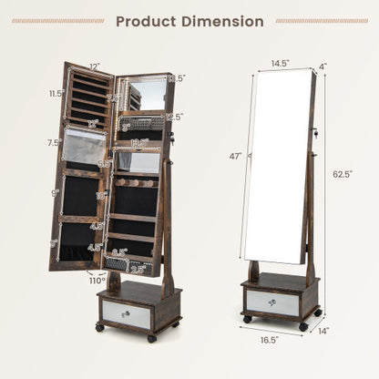 47 Inch Lockable Jewelry Cabinet Armoire with 3-Color LED Lights-Brown