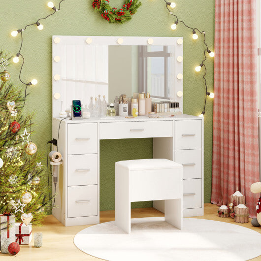 43.5-Inche Vanity Desk with Mirror and Lights for Bedroom-White