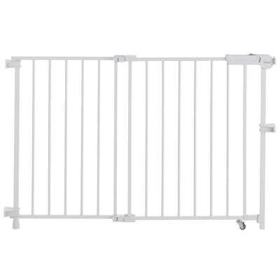 Baby Gate, 29.5-43 Inches Adjustable Width, 28 Inches High Dog Gate, No Threshold Bar, Easy Step Walk Thru, for Child Pet Security, with Screws, One-Hand Open, for Stairs and Doorways, White