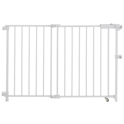 Baby Gate, 29.5-43 Inches Adjustable Width, 28 Inches High Dog Gate, No Threshold Bar, Easy Step Walk Thru, for Child Pet Security, with Screws, One-Hand Open, for Stairs and Doorways, White