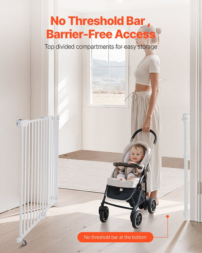 Baby Gate, 29.5-43 Inches Adjustable Width, 28 Inches High Dog Gate, No Threshold Bar, Easy Step Walk Thru, for Child Pet Security, with Screws, One-Hand Open, for Stairs and Doorways, White