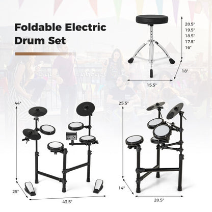 Electric Drum Set Foldable Drum Kit with 10 Demos and USB MIDI and 2 Drumsticks