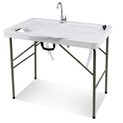Fish Cleaning Table with 2 Sinks and 360? Rotatable Fauce-White