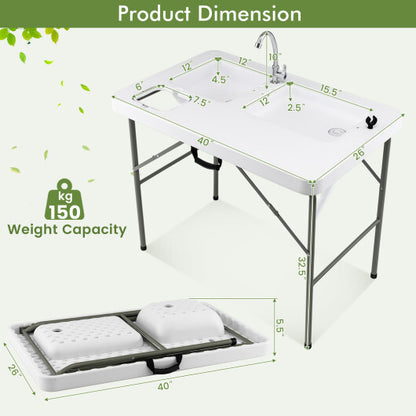 Fish Cleaning Table with 2 Sinks and 360? Rotatable Fauce-White