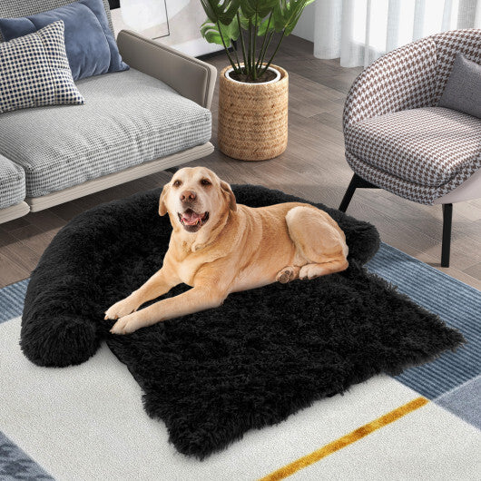 Plush Calming Dog Couch Bed with Anti-Slip Bottom-L - Color: Black - Size: L