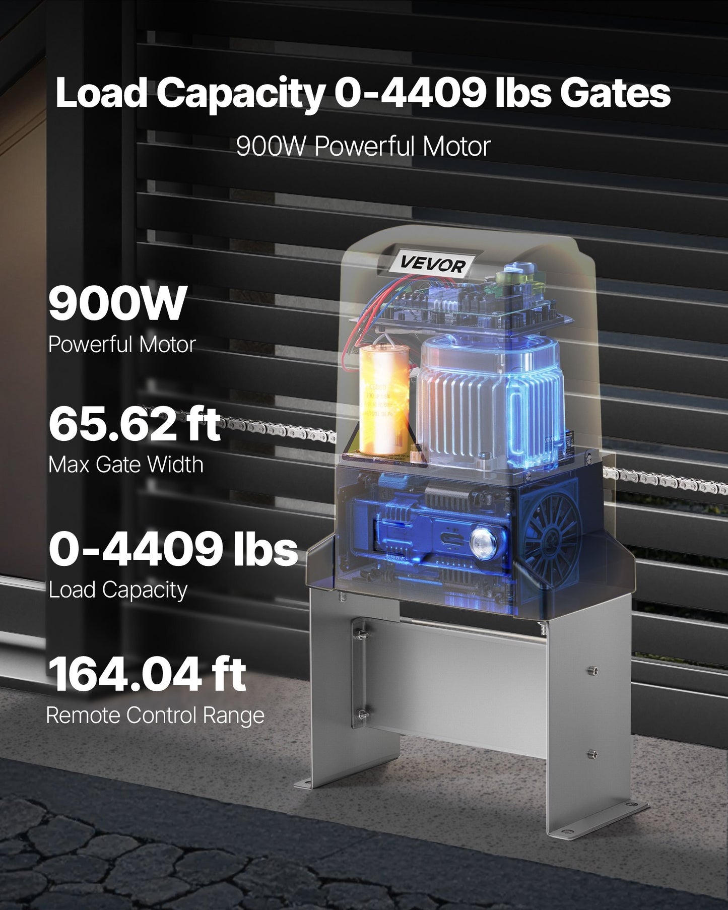 Automatic Gate Opener, 900W Electric Sliding Gate Opener for Doors up to 65.6ft 4409lbs, Chain Drive Rolling Door Motor with Infrared Sensor & 2 Remote Controls, Driveway Gates Opening System