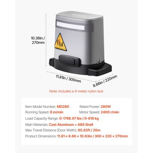 Solar Sliding Gate Opener, 280W Electric Gate Opener for Doors up to 65.6ft 1799lbs, Gear Track Rolling Fence Door Motor with Infrared Sensor & 2 Remote Controls, Driveway Gates Opening System