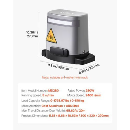 Solar Sliding Gate Opener, 280W Electric Gate Opener for Doors up to 65.6ft 1799lbs, Gear Track Rolling Fence Door Motor with Infrared Sensor & 2 Remote Controls, Driveway Gates Opening System