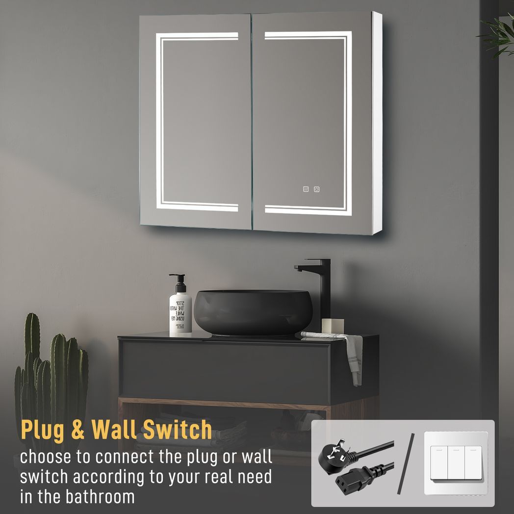 FCH 32*28in OZON Board, 1 Door, 2 Layers, Led Light, Anti-Fog, Three-Color Lighting, Brightness Adjustment, Power-Off Memory, With 2 Plugs, 2 USB Ports, Bathroom Wall Cabinet, Black