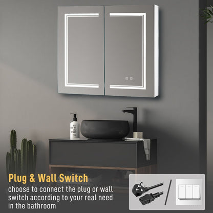 FCH 32*28in OZON Board, 1 Door, 2 Layers, Led Light, Anti-Fog, Three-Color Lighting, Brightness Adjustment, Power-Off Memory, With 2 Plugs, 2 USB Ports, Bathroom Wall Cabinet, Black