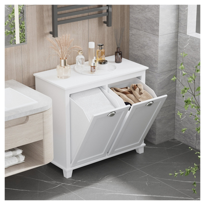Tilt-Out Laundry Sorter Cabinet, Bathroom Storage Organizer white-AS