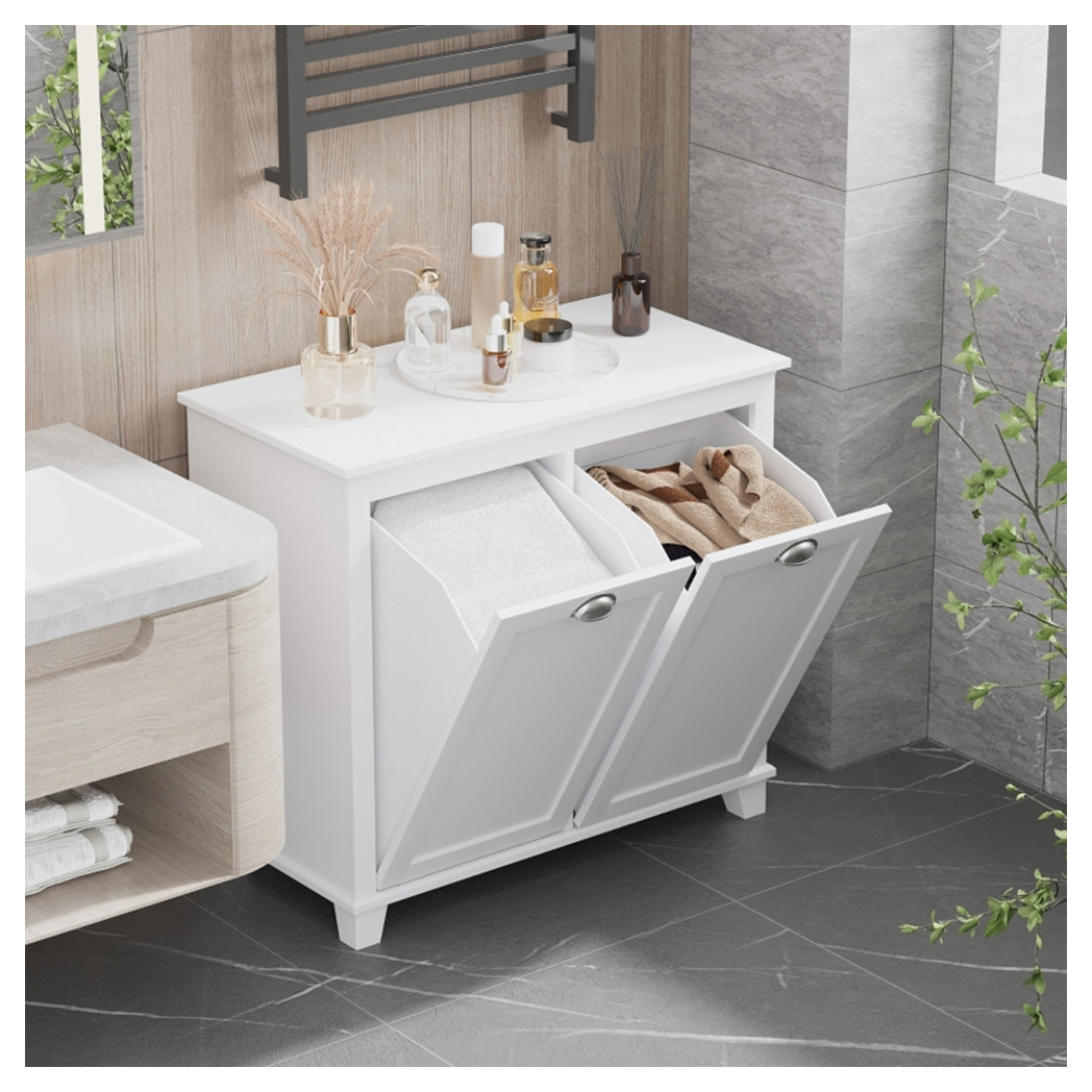 Tilt-Out Laundry Sorter Cabinet, Bathroom Storage Organizer white-AS