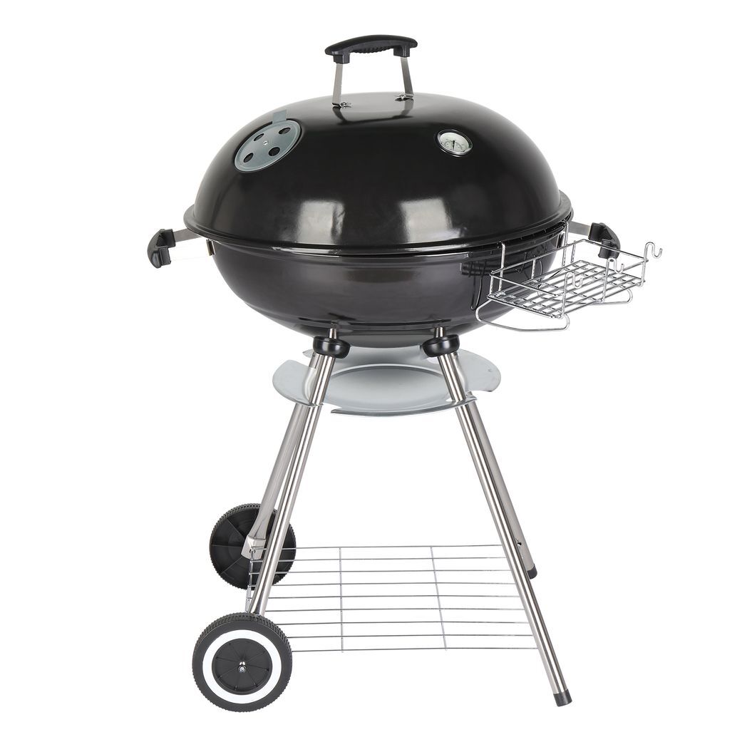 28-Inch Portable Charcoal Grill with Wheels and Storage Holder, Porcelain-Enameled Lid and Ash Catcher & Thermometer, Round Barbecue Kettle Grill Bowl Wheels for Outdoor Party Camping Picnic