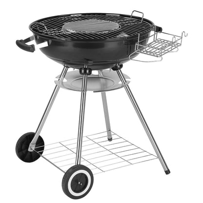 28-Inch Portable Charcoal Grill with Wheels and Storage Holder, Porcelain-Enameled Lid and Ash Catcher & Thermometer, Round Barbecue Kettle Grill Bowl Wheels for Outdoor Party Camping Picnic