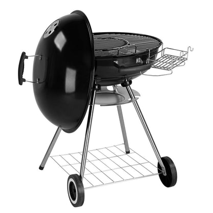 28-Inch Portable Charcoal Grill with Wheels and Storage Holder, Porcelain-Enameled Lid and Ash Catcher & Thermometer, Round Barbecue Kettle Grill Bowl Wheels for Outdoor Party Camping Picnic