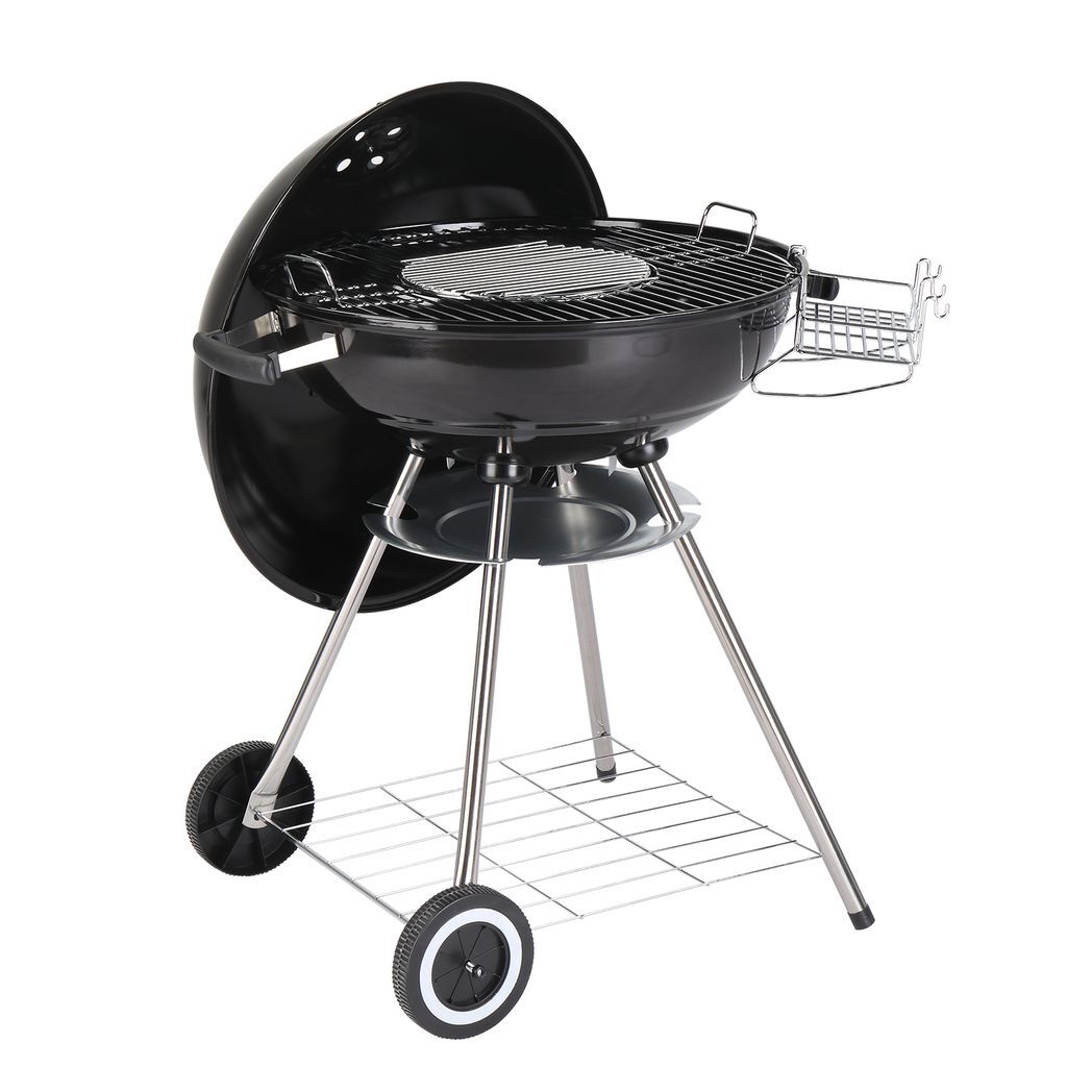 28-Inch Portable Charcoal Grill with Wheels and Storage Holder, Porcelain-Enameled Lid and Ash Catcher & Thermometer, Round Barbecue Kettle Grill Bowl Wheels for Outdoor Party Camping Picnic