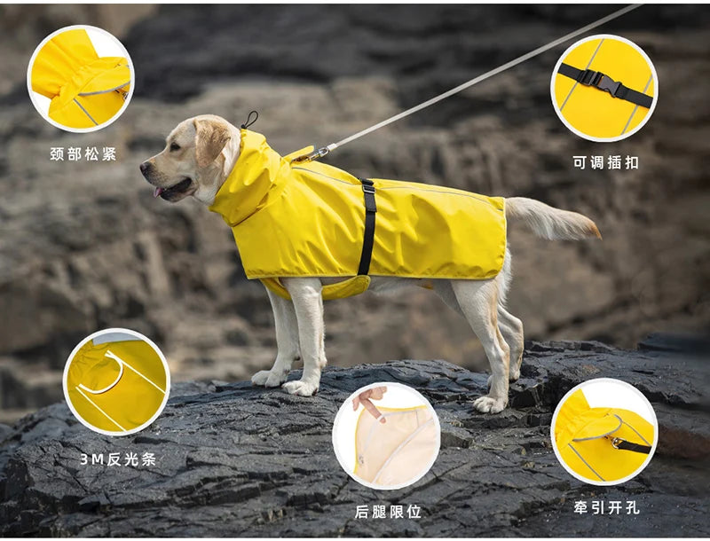 Reflective Dog Raincoat with Adjust Hood Pet Poncho Body Coverage Turtleneck Waterproof Dog Rain Jacket for Medium Large Dogs