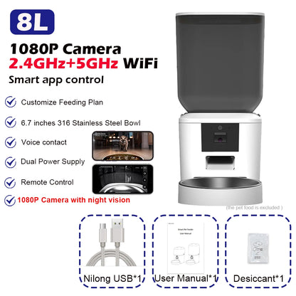 5G Automatic Cat Feeder With 1080p Camera Video WiFi Cat Food Dispenser Pet Smart Voice Recorder Remote Control Pet Auto Feeder