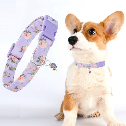 CP612--adjustable polyester collar, pet dog floral collar, rose printed collar with flower pendants, suit for dogs and cats.