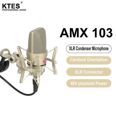 KTES AMX 103 XLR Condenser Microphone Professional Cardioid Mic for Recording Podcasting Streaming Home Studio 48V Phantom Power