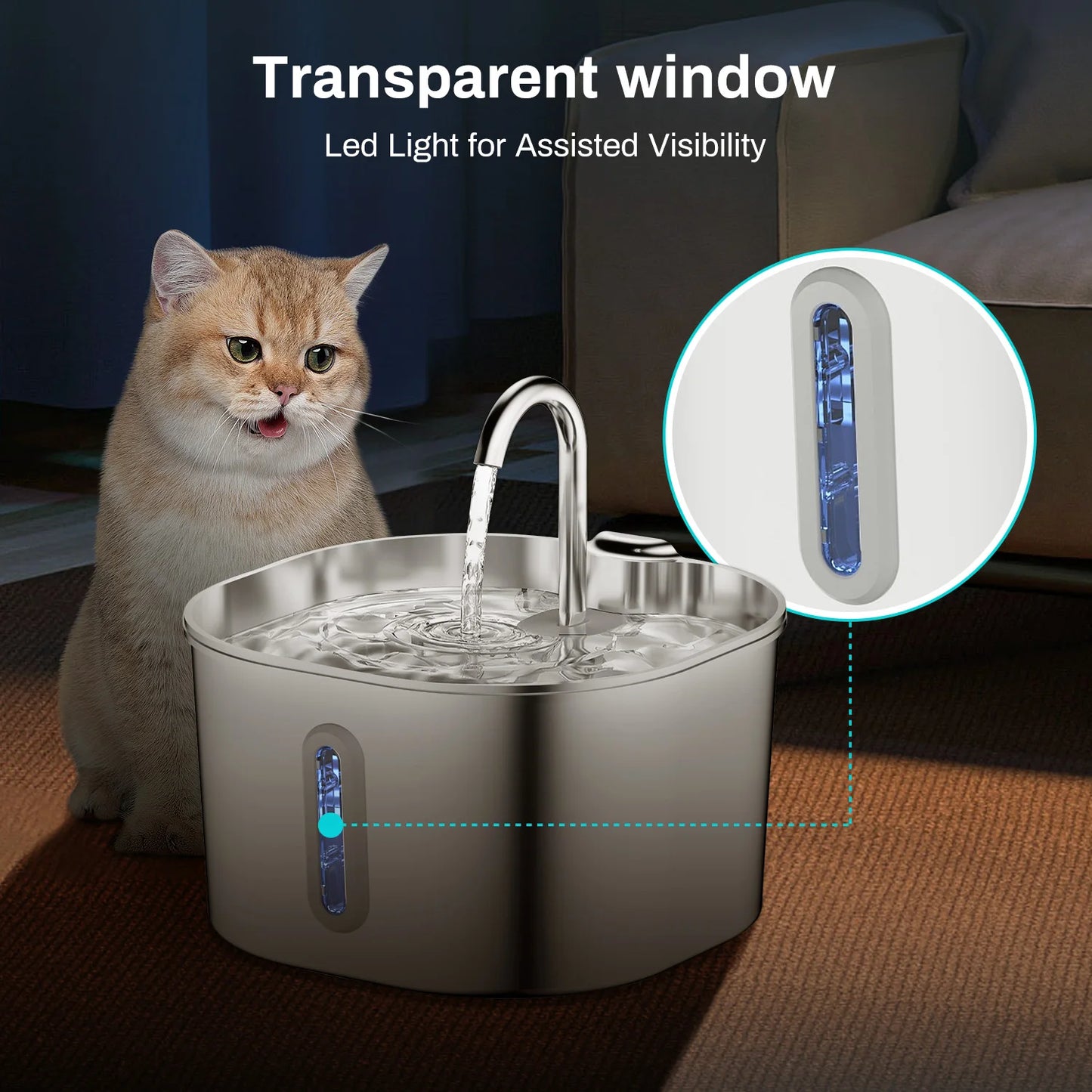 ZYFeeder 2.2L Automatic Cat Water Fountain Square Stainless Steel Pet Water Feeder Dog Water Fountain with window（No 5V 1A Plug）