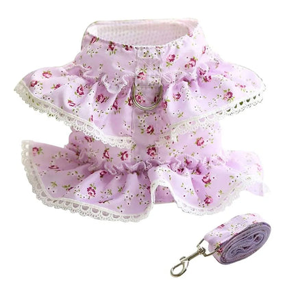 Luxury Flower Girl Dogs Harness and Leash Set No Pull Soft Adjustable Breathable Mesh Cute Floral Puppy Pet Safety Vest Harness