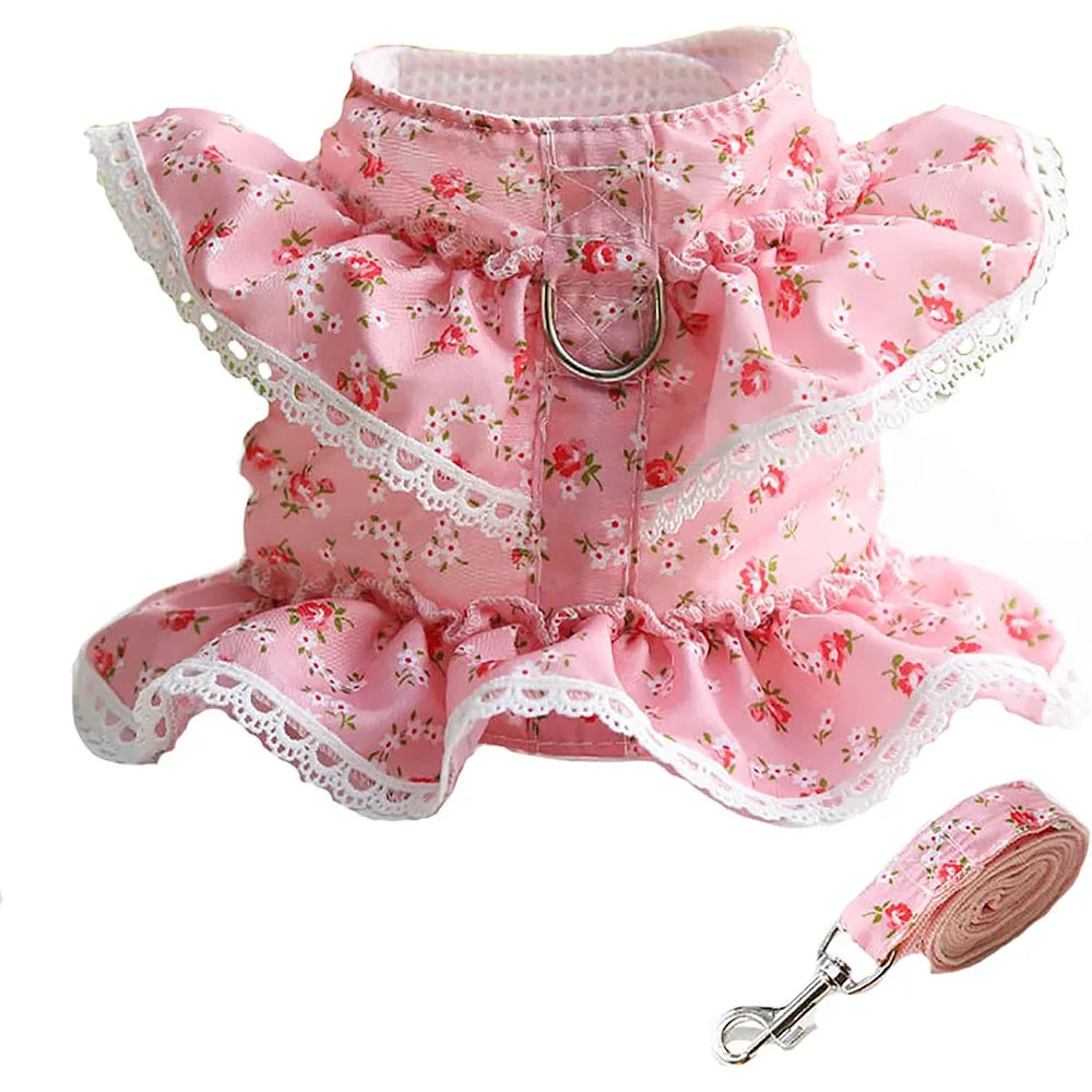 Luxury Flower Girl Dogs Harness and Leash Set No Pull Soft Adjustable Breathable Mesh Cute Floral Puppy Pet Safety Vest Harness