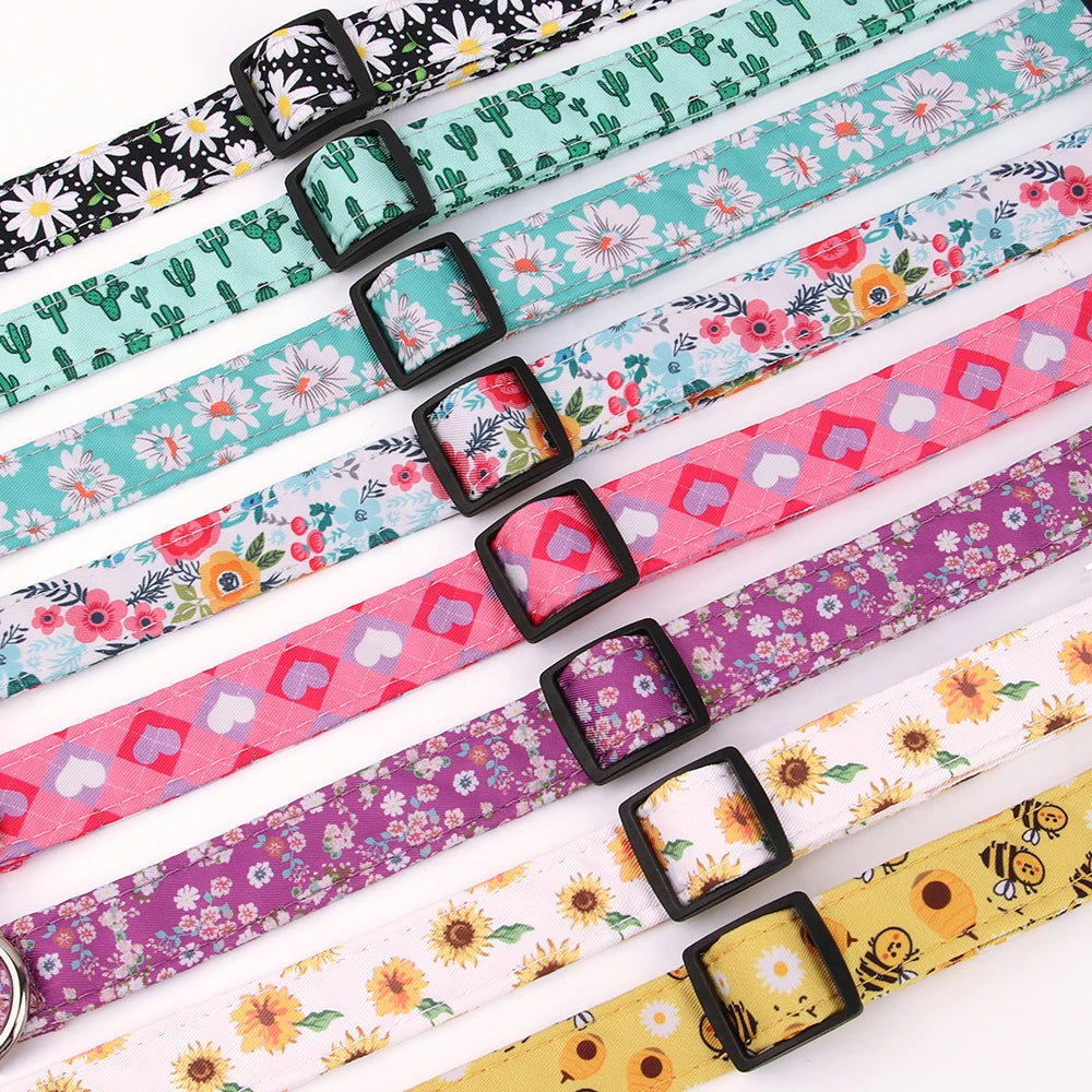 Nylon Print Dog Collar Adjustable Pet Collars Flower Print For Small Medium Large Dogs Chihuahua Pug Dog Accessories With D Ring