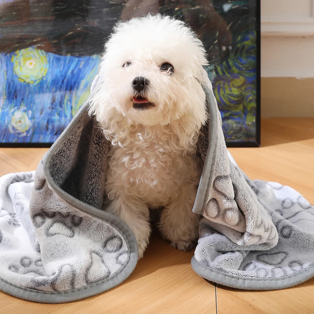 Cute Dog Paw Print Pet Blanket Soft Flannel Plush Mat for Cats Small & Medium Dogs Machine Washable 3 Sizes Winter Warmth