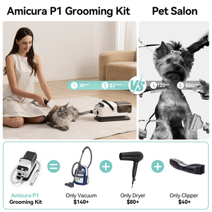 Amicura P1 Vacuum Cleaner & Hair Dryer 15kpa, Pet Grooming Set Adjustable Speed and Temperature, 5 Proven Care Tools Dog Clipper