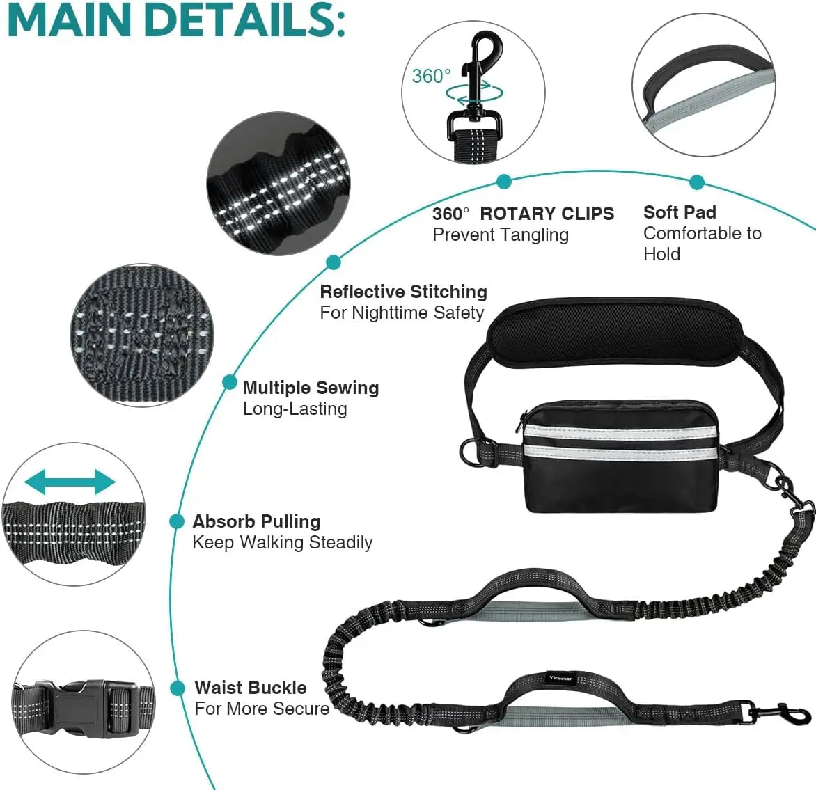 Hands Free Dog Leash with Pouch, Double Leash for Two Dogs, Retractable Bungee with Double Padded Handles, Dog harness