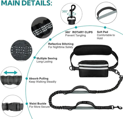 Hands Free Dog Leash with Pouch, Double Leash for Two Dogs, Retractable Bungee with Double Padded Handles, Dog harness