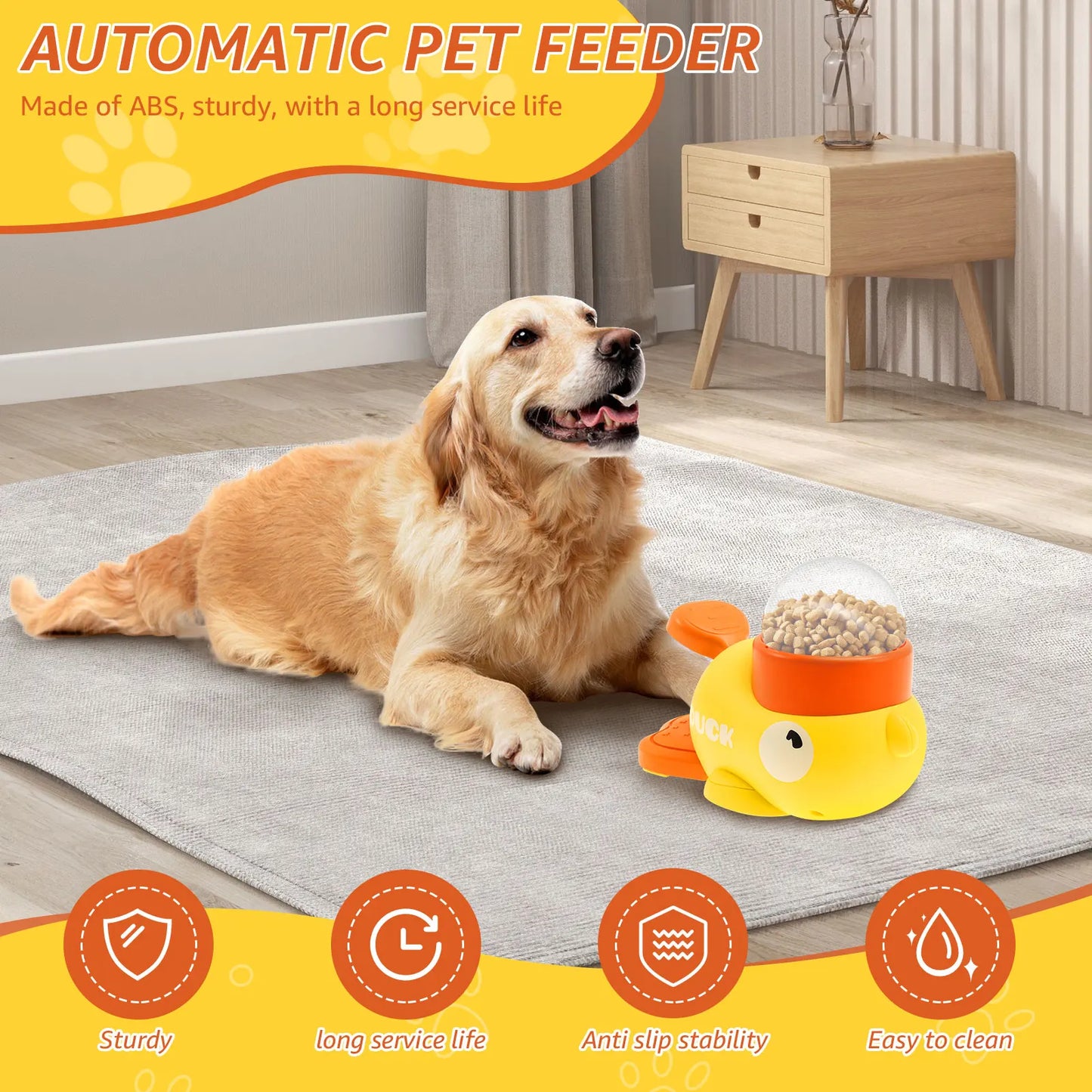 Interactive Duck Shaped Dog Slow Feeder Washable Automatic Dog Feeder Toy with 3 Food Outlet Size for Pets Food Dispenser