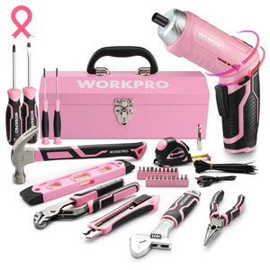 WORKPRO 74pcs Pink Tools Set, 3.7V Rotatable Cordless Screwdriver and Household Tool Kit with 13'' Portable Steel Tool Box