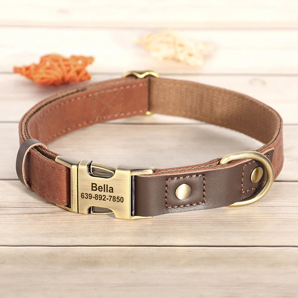 Leather Dog Collar Engraved Dog Collars Adjustable Pet Buckle ID Necklace Durable for Small Medium Large Dogs Pug
