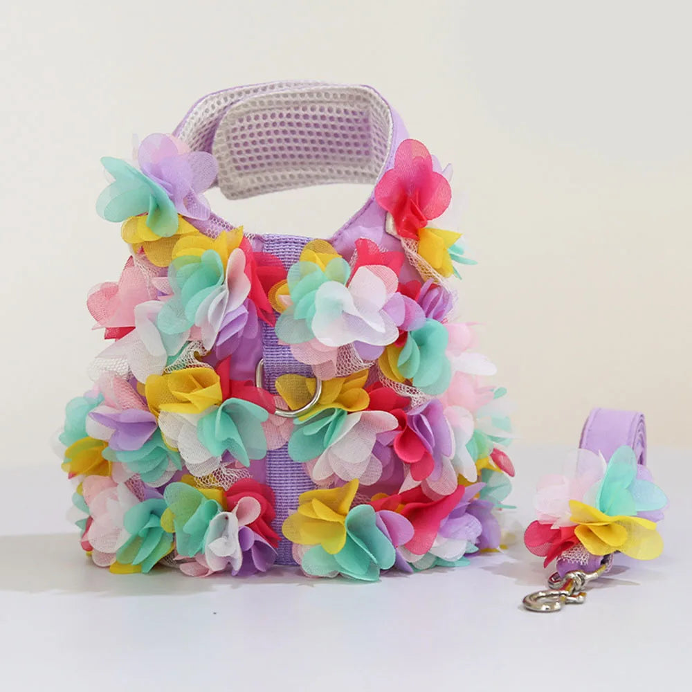 Luxury Flower Girl Dogs Harness and Leash Set No Pull Soft Adjustable Breathable Mesh Cute Floral Puppy Pet Safety Vest Harness