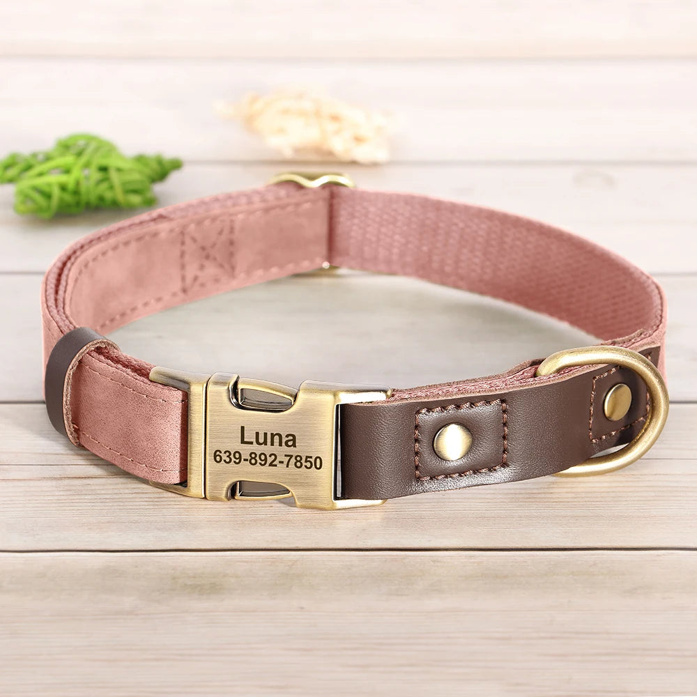 Leather Dog Collar Engraved Dog Collars Adjustable Pet Buckle ID Necklace Durable for Small Medium Large Dogs Pug