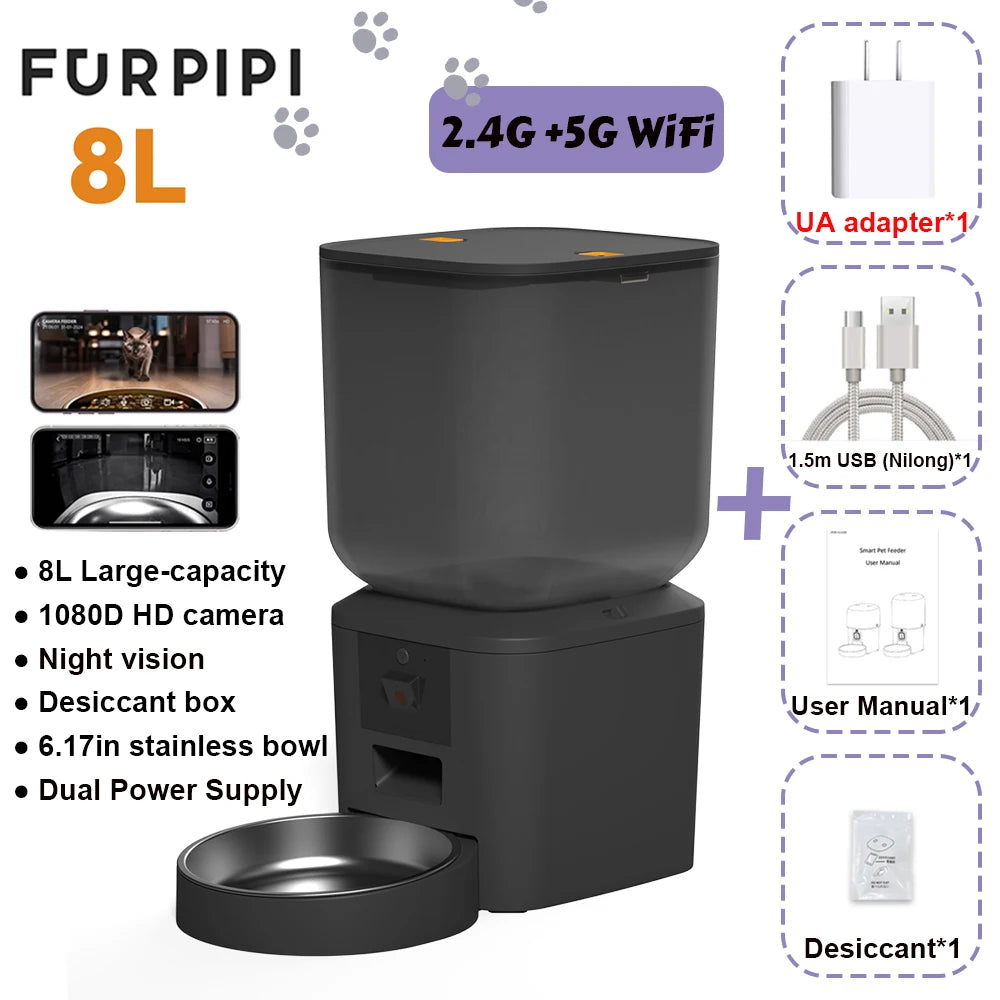 5G Automatic Cat Feeder With 1080p Camera Video WiFi Cat Food Dispenser Pet Smart Voice Recorder Remote Control Pet Auto Feeder
