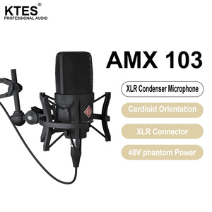 KTES AMX 103 XLR Condenser Microphone Professional Cardioid Mic for Recording Podcasting Streaming Home Studio 48V Phantom Power