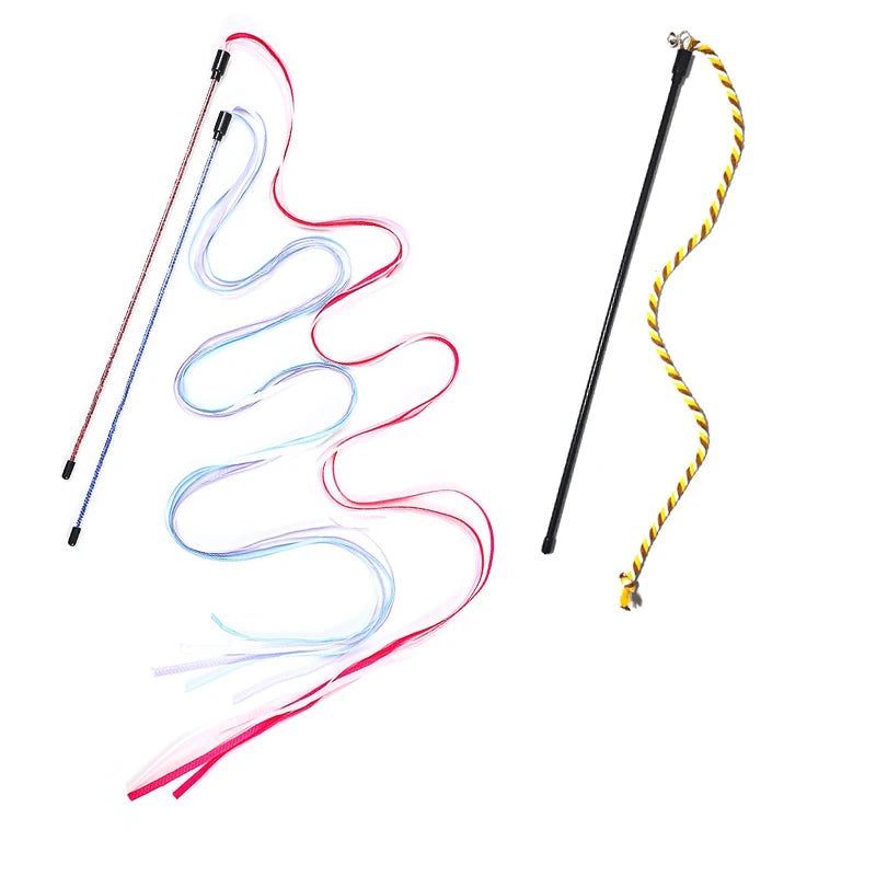 Interactive Cats Toys Long Satin Ribbon Cat Teaser Rod Toy Kitten Playing Teaser Wand Toy Cat Stick Toy