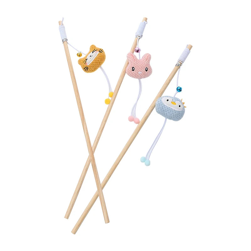 Cat toy wooden pole Cute animal shape plush cuddly cat stick with bell interactive fun pet supplies