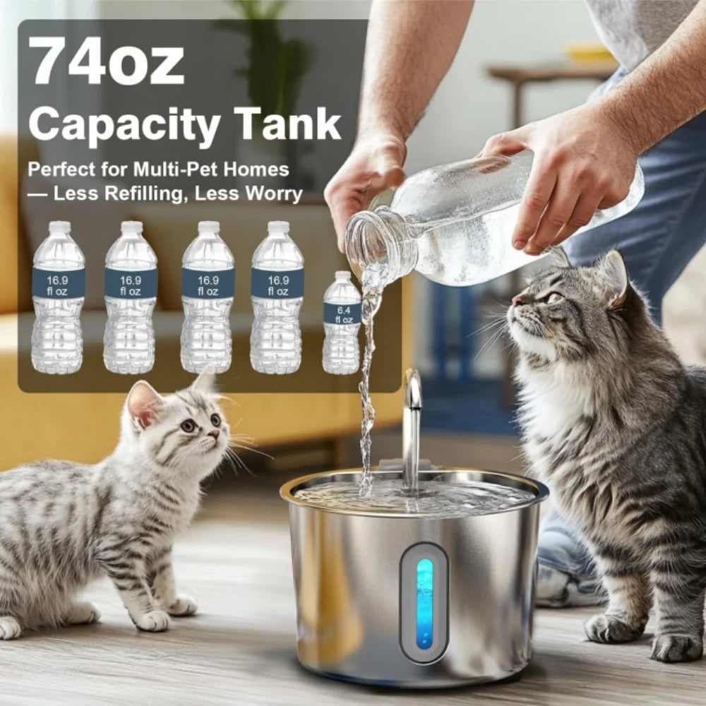 OYES 2.2L round Automatic Cat Water Fountain Stainless Steel Pet Water Feeder with Window for Dogs And Cats Pet Supplies