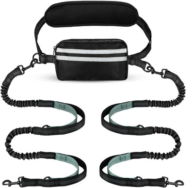 Hands Free Dog Leash with Pouch, Double Leash for Two Dogs, Retractable Bungee with Double Padded Handles, Dog harness