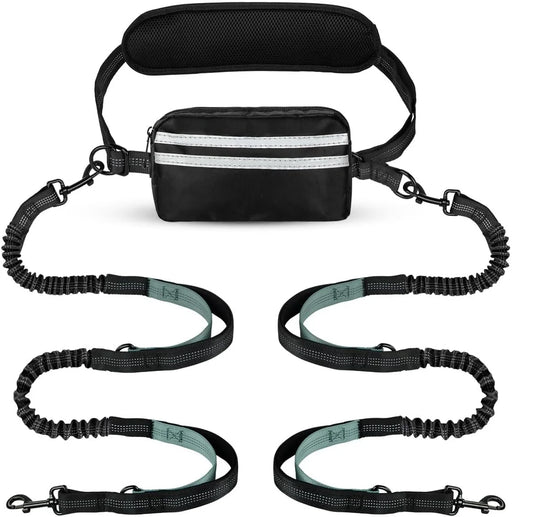 Hands Free Dog Leash with Pouch, Double Leash for Two Dogs, Retractable Bungee with Double Padded Handles, Dog harness