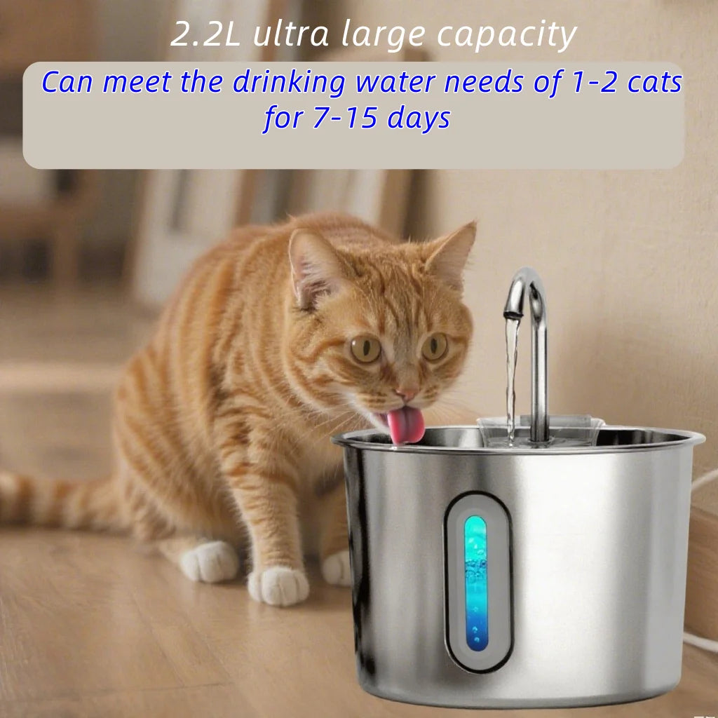 OYES 2.2L round Automatic Cat Water Fountain Stainless Steel Pet Water Feeder with Window for Dogs And Cats Pet Supplies