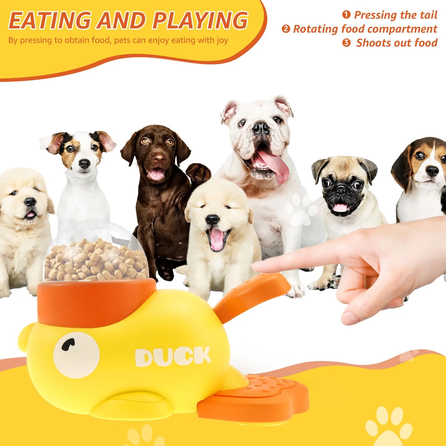 Interactive Duck Shaped Dog Slow Feeder Washable Automatic Dog Feeder Toy with 3 Food Outlet Size for Pets Food Dispenser