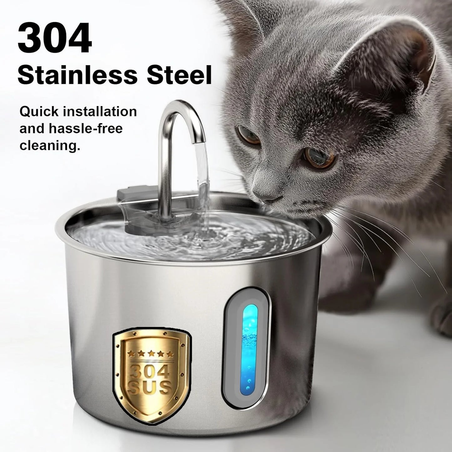 OYES 2.2L round Automatic Cat Water Fountain Stainless Steel Pet Water Feeder with Window for Dogs And Cats Pet Supplies