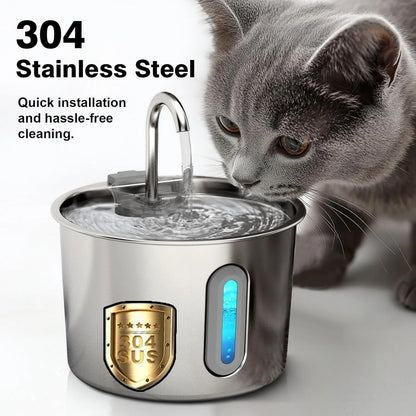 OYES 2.2L round Automatic Cat Water Fountain Stainless Steel Pet Water Feeder with Window for Dogs And Cats Pet Supplies