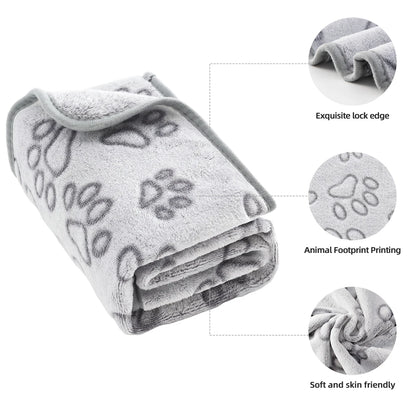 Cute Dog Paw Print Pet Blanket Soft Flannel Plush Mat for Cats Small & Medium Dogs Machine Washable 3 Sizes Winter Warmth