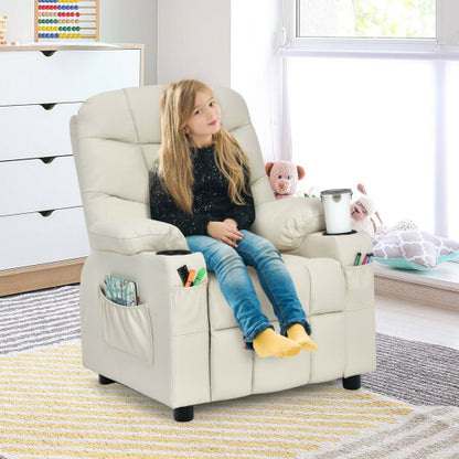 PU Leather Kids Recliner Chair with Cup Holder and Footrest Beige